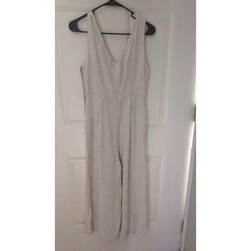 Ava Linen Beige/White Pants One Piece Romper, Size 8, Button, Natural, Neutral